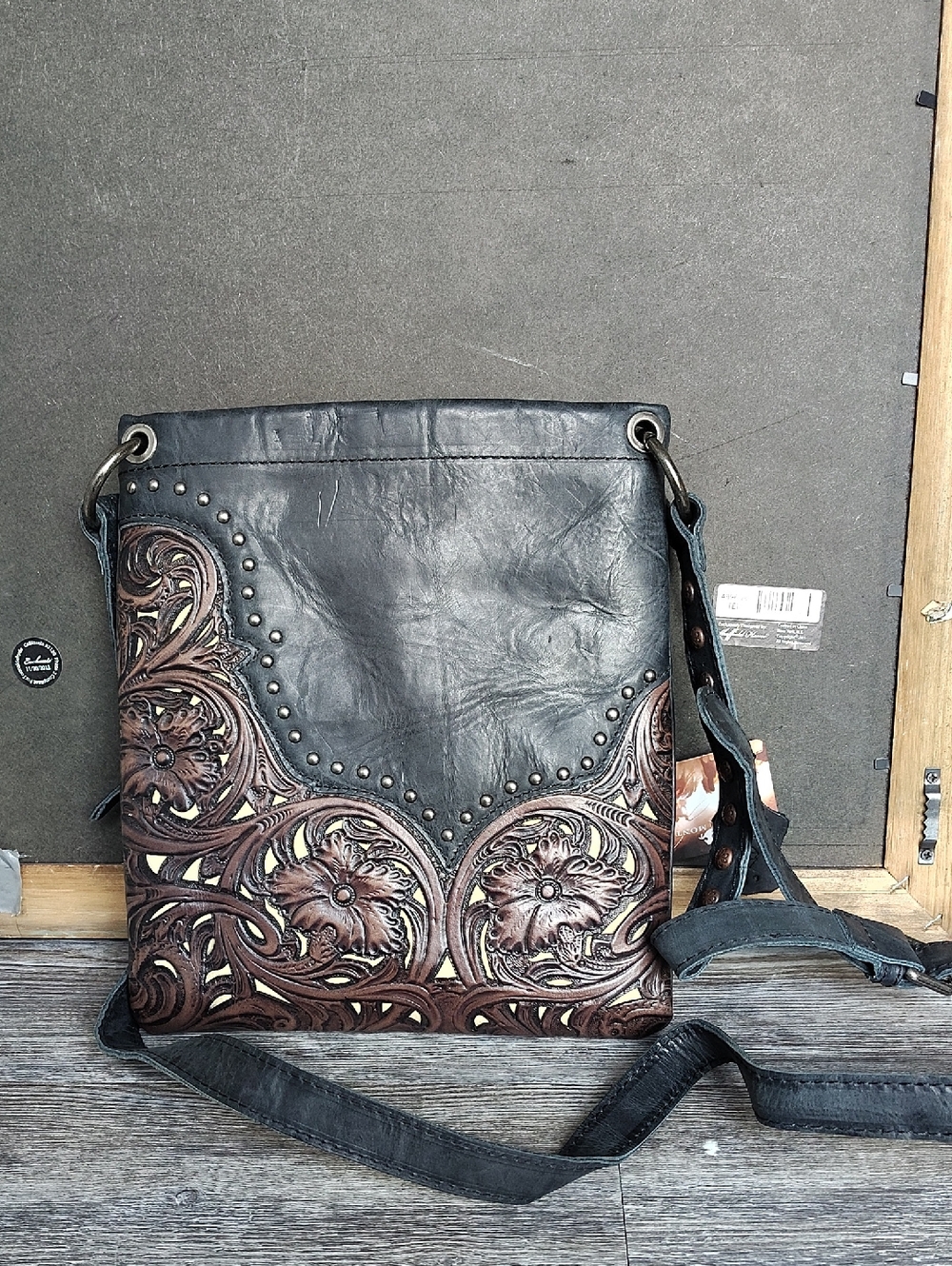 Handcrafted Black and Brown Tooled Leather Crossbody Bag Montana West